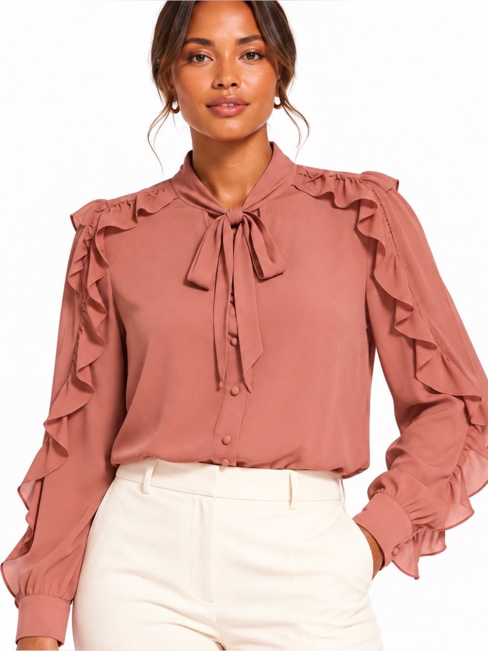 Zara Dusty Rose Tie Neck Ruffle Sleeve Button Front Blouse Pink Size L